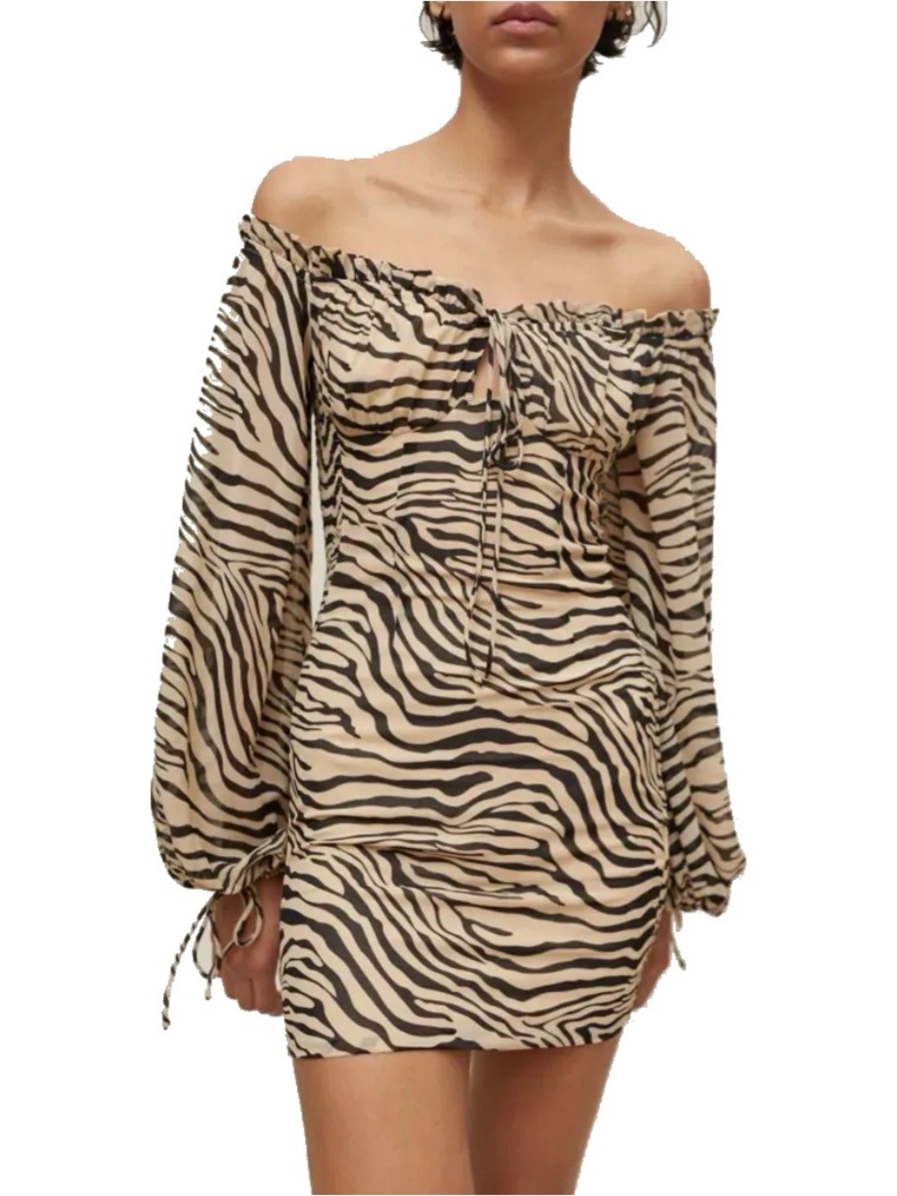 Off-Shoulder Zebra Print Mini Dress in Beige/Black